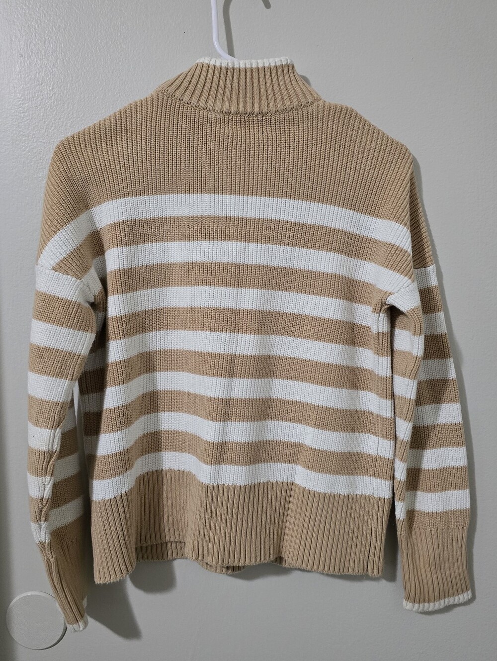 Lands' End Woman's Tan & White Stripe Half-Zip Sweater - Picture 4 of 5